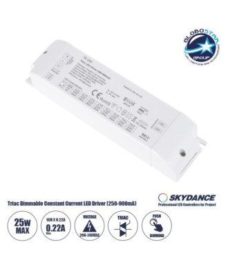 GLOBOSTAR® SKYDANCE-TE-25A 73134 DC Triac & Push Dimmer CC Τροφοδοτικό-Μετασχηματιστής SELV με 1 x 250-900mA 25W Κανάλι AC 220-240V σε DC 10-52V 900mA 25W Max IP20 - Triac & Push Dimming - Μ17.5 x Π4.4 x Υ3cm - 5 Χρόνια Εγγύηση